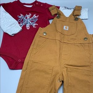 Carhartt brown bib overalls w/ onsie. Size 6 mo.